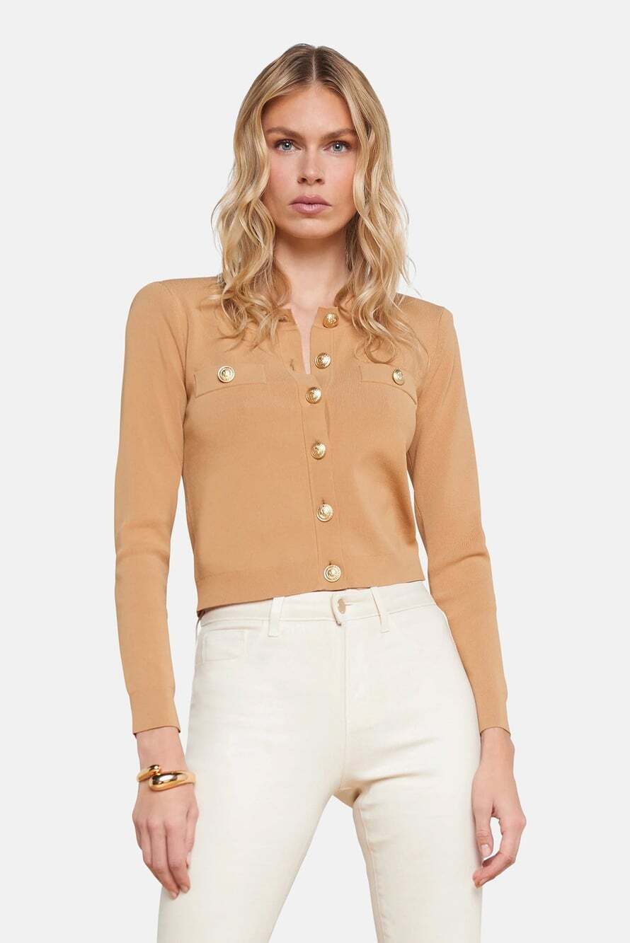 L’AGENCE Toulouse Crop Crew Neck Cardigan Camel Gold Button Size XXL